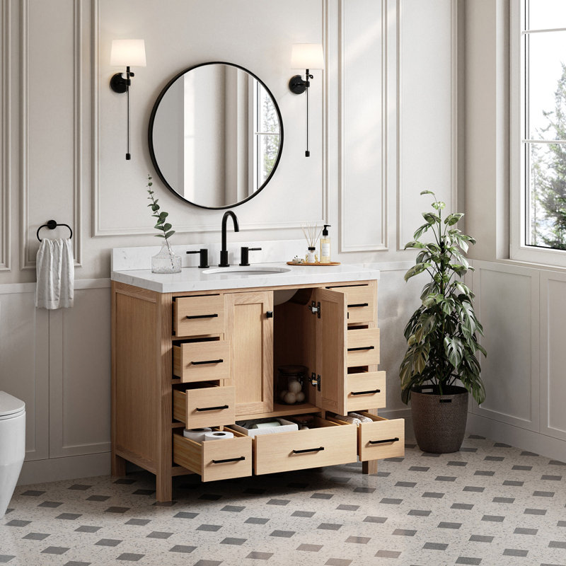  Meuble-lavabo simple 42,25 po avec comptoir en quartz, Chêne / noir mat