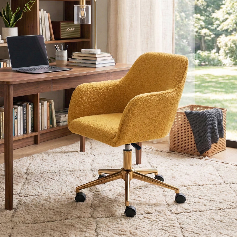 Chaise de bureau pivotante en tissu avec base en métal et roues Modern Teddy, Jaune