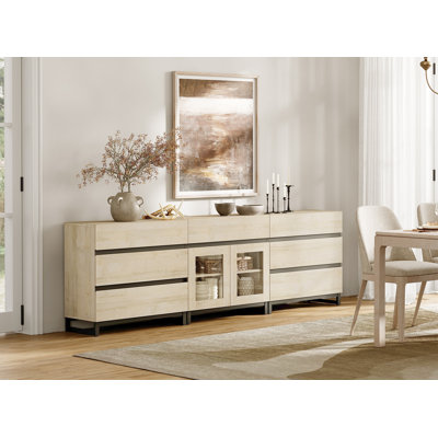 Buffet 3 en 1 avec portes en verre et 7 tiroirs, crédence moderne avec tablette réglable et base en métal, armoire à café pour le salon, la cuisine