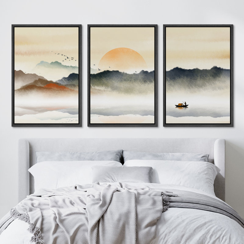 «Abstract Landscape Rising Sun Misty Ocean Mountain», peinture sur toile 3 pièces, H 24 po x l 48 po, Cadre flottant noir