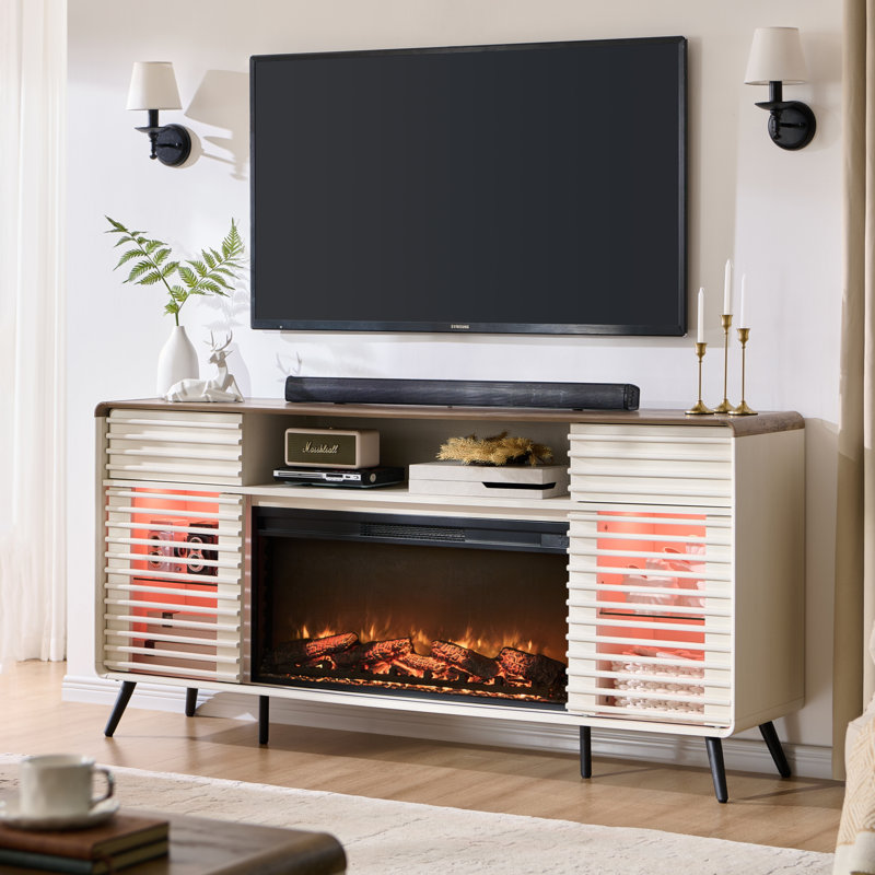 Meuble télé 70 po avec foyer électrique, meuble audio-vidéo avec télécommande, minuterie, lumières DEL et console multimédia pour le salon