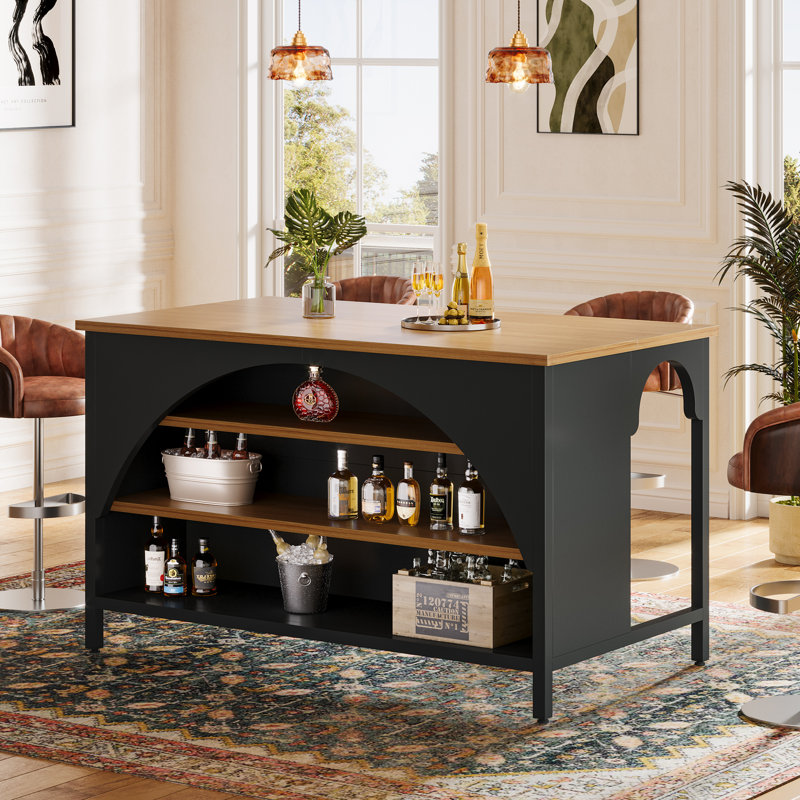 3-tier Home Bar Table With Storage, 55" Modern Counter Height Pub Table For Kitchen Living Room Bistro, Brown/Black