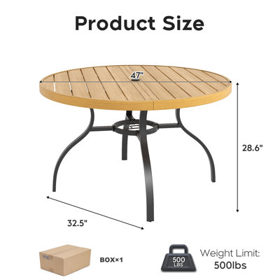 "Table de patio ronde en faux bois 47" avec trou pour parasol, plateau en grain de bois réaliste + pieds en fer noir mat de haute qualité, table de salle à manger extérieure résistante à la rouille pour balcon de patio