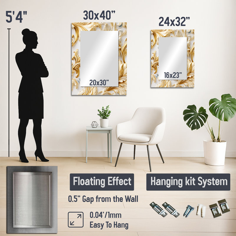 Sruthy Gold And White Gilded Damask Reverie - damask  Large Wall Mirror, Boho Unique Mirror, Printed Metal Art, 32" x 24"