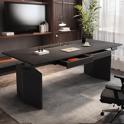 Modern Light Luxury Black Saddle Leather Electric Standing Desk