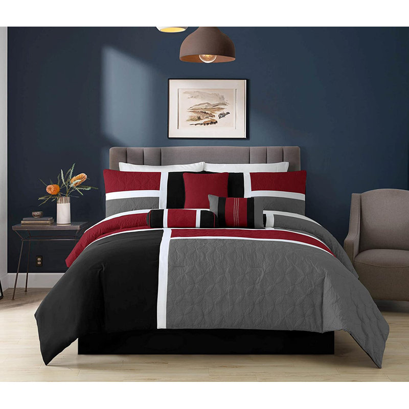 Queen Red/Gray/Black Patchwork Comforter Set