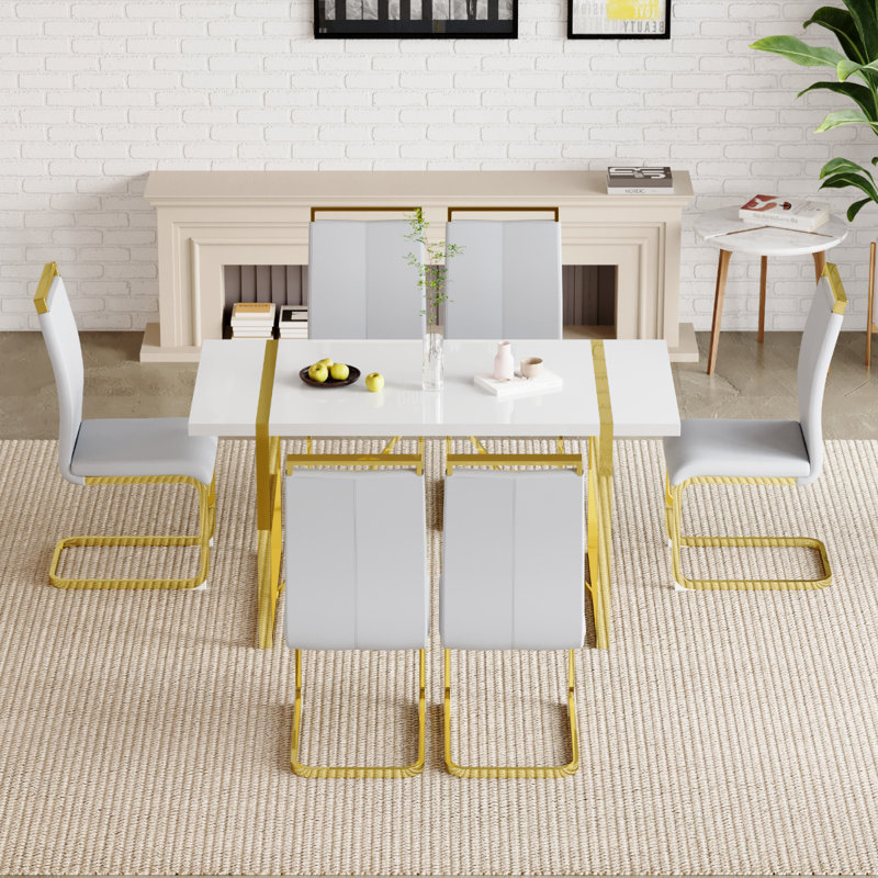 Ensemble de salle à manger pour 6 personnes, table de salle à manger rectangulaire moderne avec 6 chaises de salle à manger en similicuir de luxe