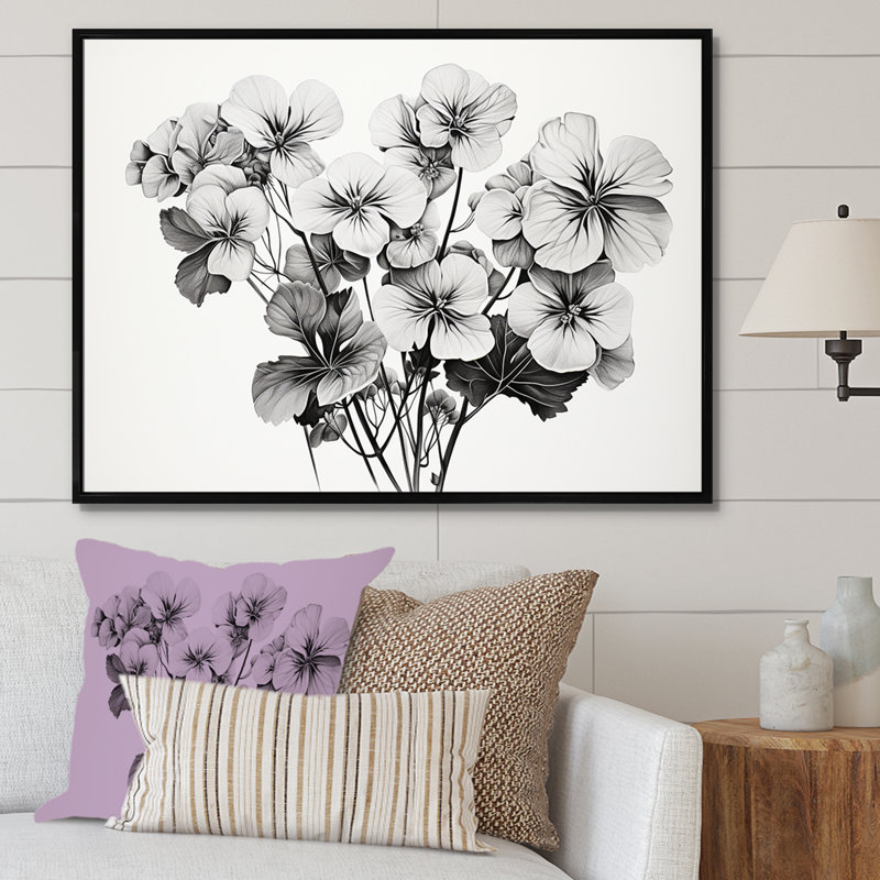 " Minimalism Black And White Geraniums ", Black Floater Framed, 12" H x 20" W