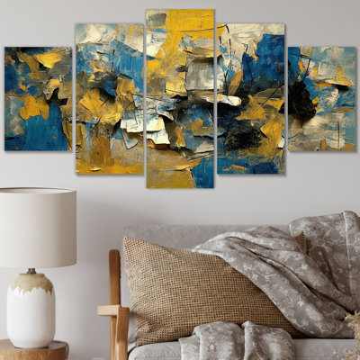 «Jazz Interchange In Blue II», art mural abstrait sur toile, 5 panneaux
