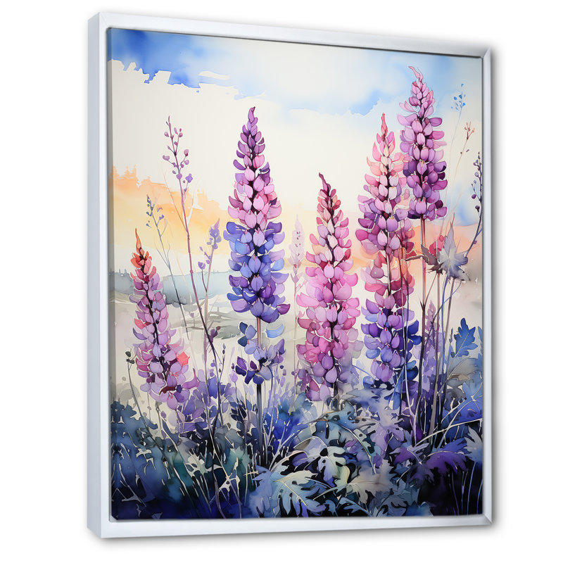 Sérénade lupin sauvage Meadow - décoration murale florale et botanique, H 32 po x l 16 po x P 1 po, Cadre flottant blanc