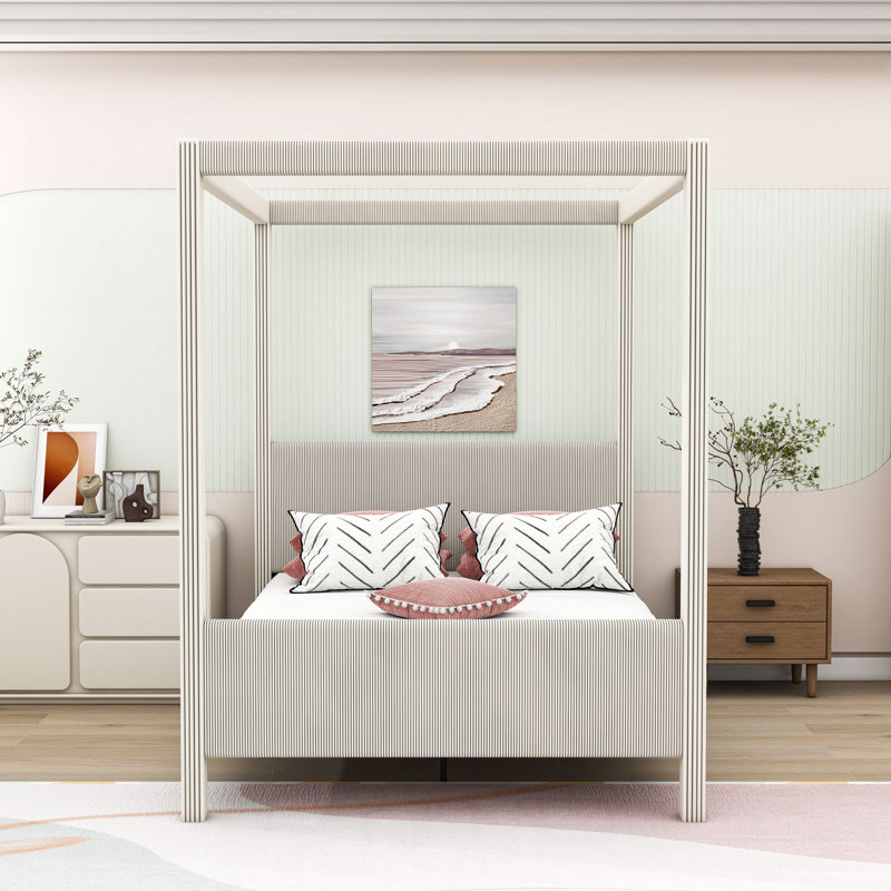 Lit plateforme à baldaquin rembourré avec tête et pied de lit, Grand lit, Beige