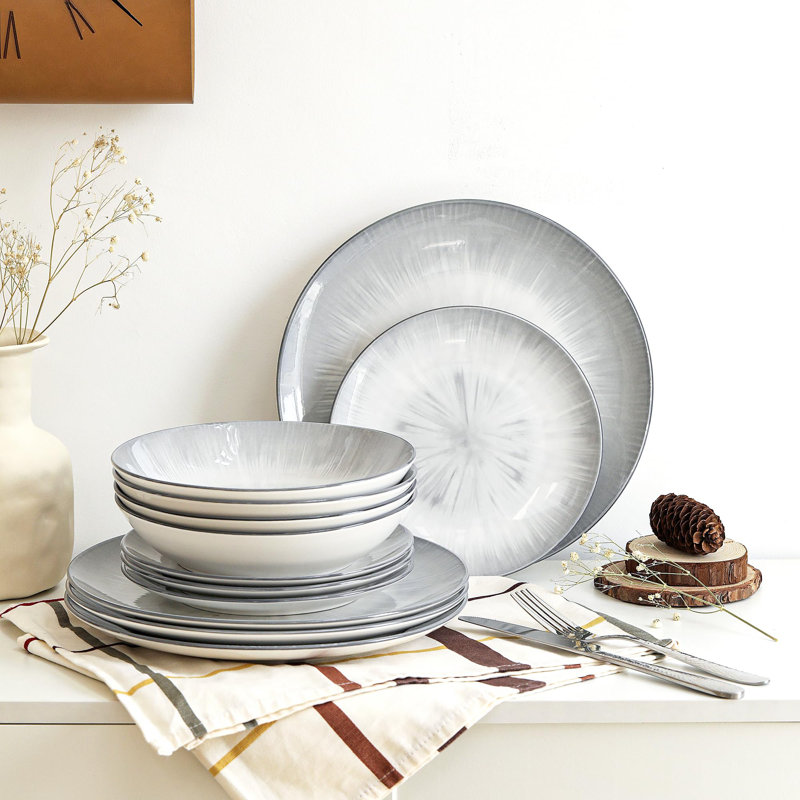 Starburst Gray 12-Piece Porcelain Dinnerware Set, Service for 4