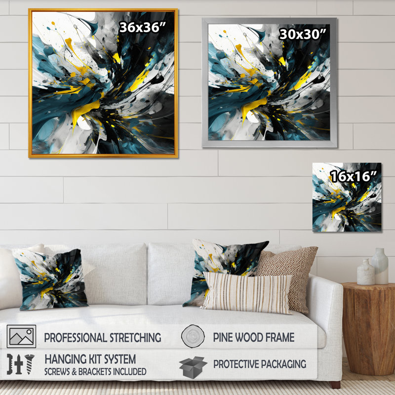 «Normand Yellow Green Transcendent», encre liquide encadrée sur toile, H 30 po x l 30 po x P 1 po, Cadre flottant doré