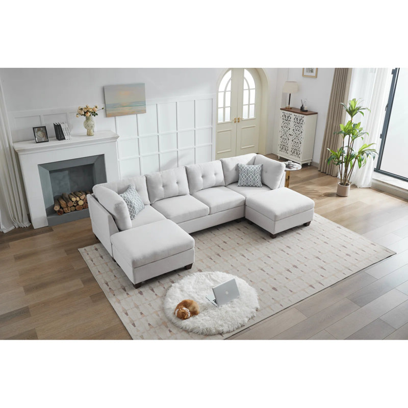Canapé modulaire rembourré avec deux chaises longues, Lin gris pâle