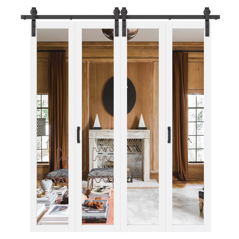  Porte de grange double pliante en miroir 84 po x 72 po avec ensemble de quincaillerie d'installation pour garde-robe ou garde-manger