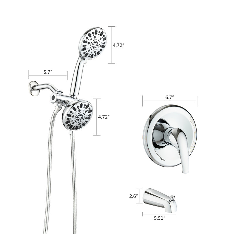 Wall Mounted Shower With Tub Spout - High Dual 2 In 1 Faucet Valve. 7 Spray Modes For A Soothing Bath. . All Metal. 1.8 Gpm Flow. 59" Hose. 1/2" Connector To Refresh Yourself. Gpm. Hose Length. Size
