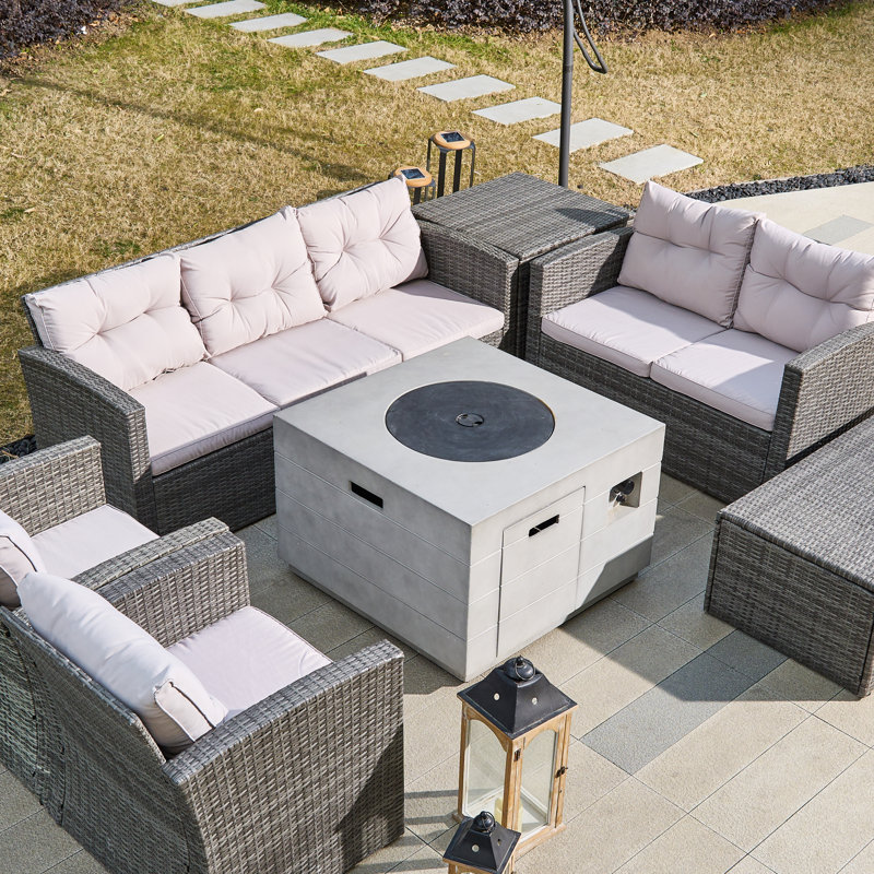 7-Piece Rattan Patio Sectional Sofa Set With Fire Pit Table