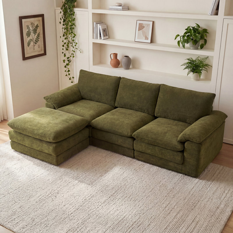 104" Wide Modular Sectional Sofa With Reversible Ottoman, Deep Seat Cloud Couch In Breathable Chenille