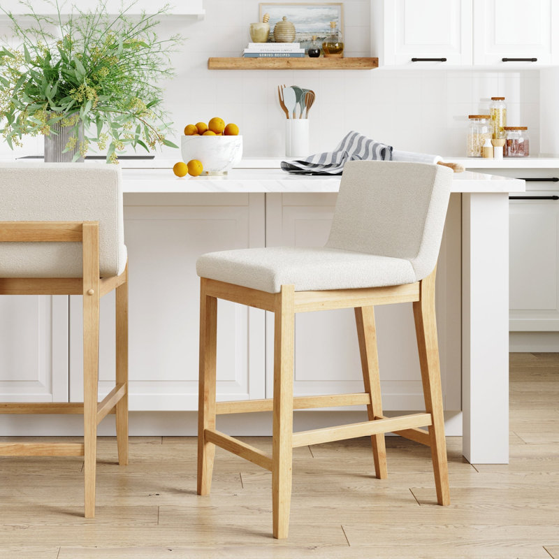 Exposed Back Upholstered Counter Stool with Solid Wood Legs, Cream Boucle/Warm Pine, 1, Counter Stool (24.6" Seat Height)