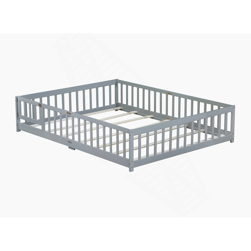 Floor Platform Bed With Fence Guardrails And Door, Queen, Gray