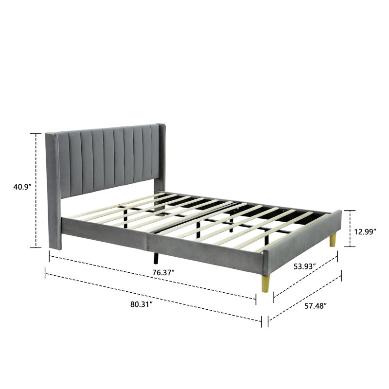 Lit plateforme tapissier avec tête de lit à oreilles Eriksay, Velours gris foncé, Double
