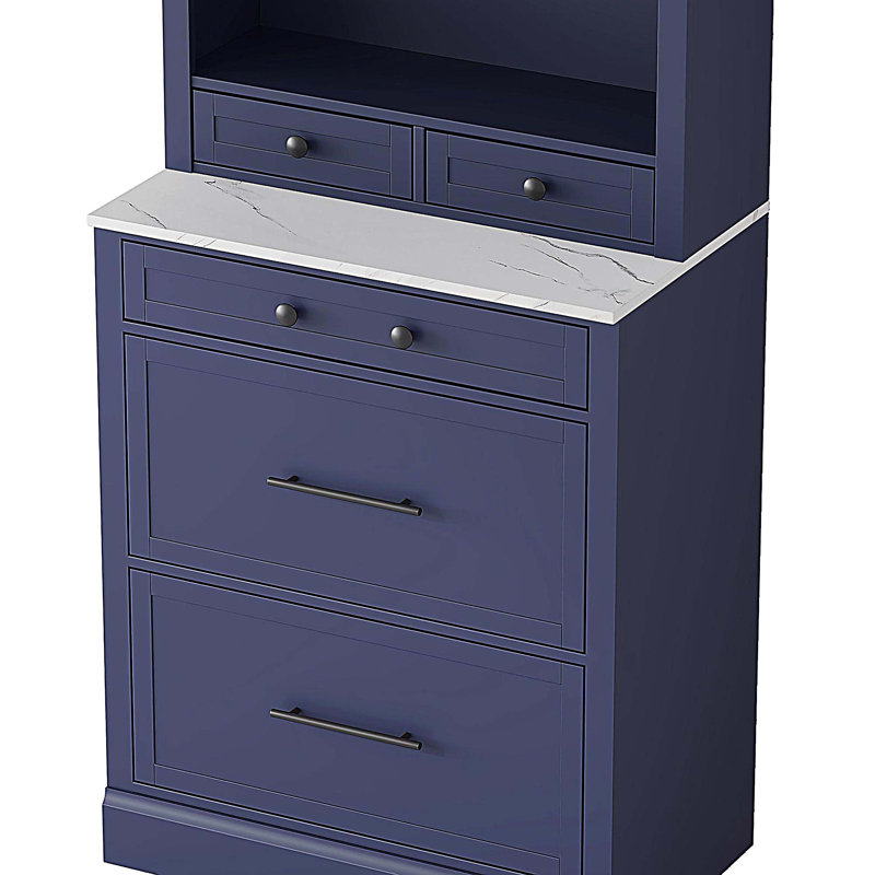 Armoire de cuisine de 83,7 pouces de hauteur, grande huche de cuisine moderne avec plateau en faux marbre, armoire de présentation avec 5 tiroirs de rangement et tablette réglable