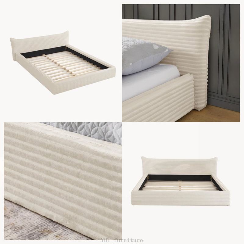 Structure de lit tapissier en velours avec tête de lit courbée, bois massif, sans sommier tapissier, beige, Beige