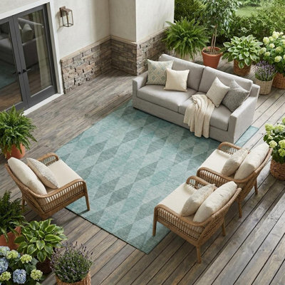 8' X 10' Teal Geometric Washable Non Skid Indoor Outdoor Area Rug