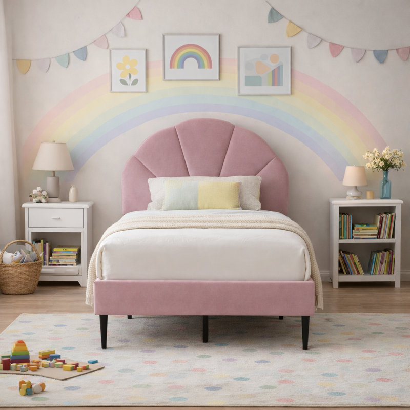 Tête de lit plateforme capitonnée Deeb, Simple, Velours rose