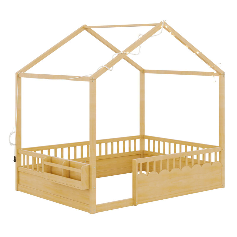 Lit plateforme avec baldaquin, barrières de sécurité et porte d'entrée pour les chambres d'enfants, Lit double, Naturel