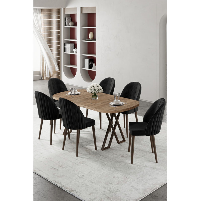 Ensemble de table et chaises de salle à manger (7 pièces), 7 pièces : table, 6 chaises, Bois de pin de l'Atlantique, Noir