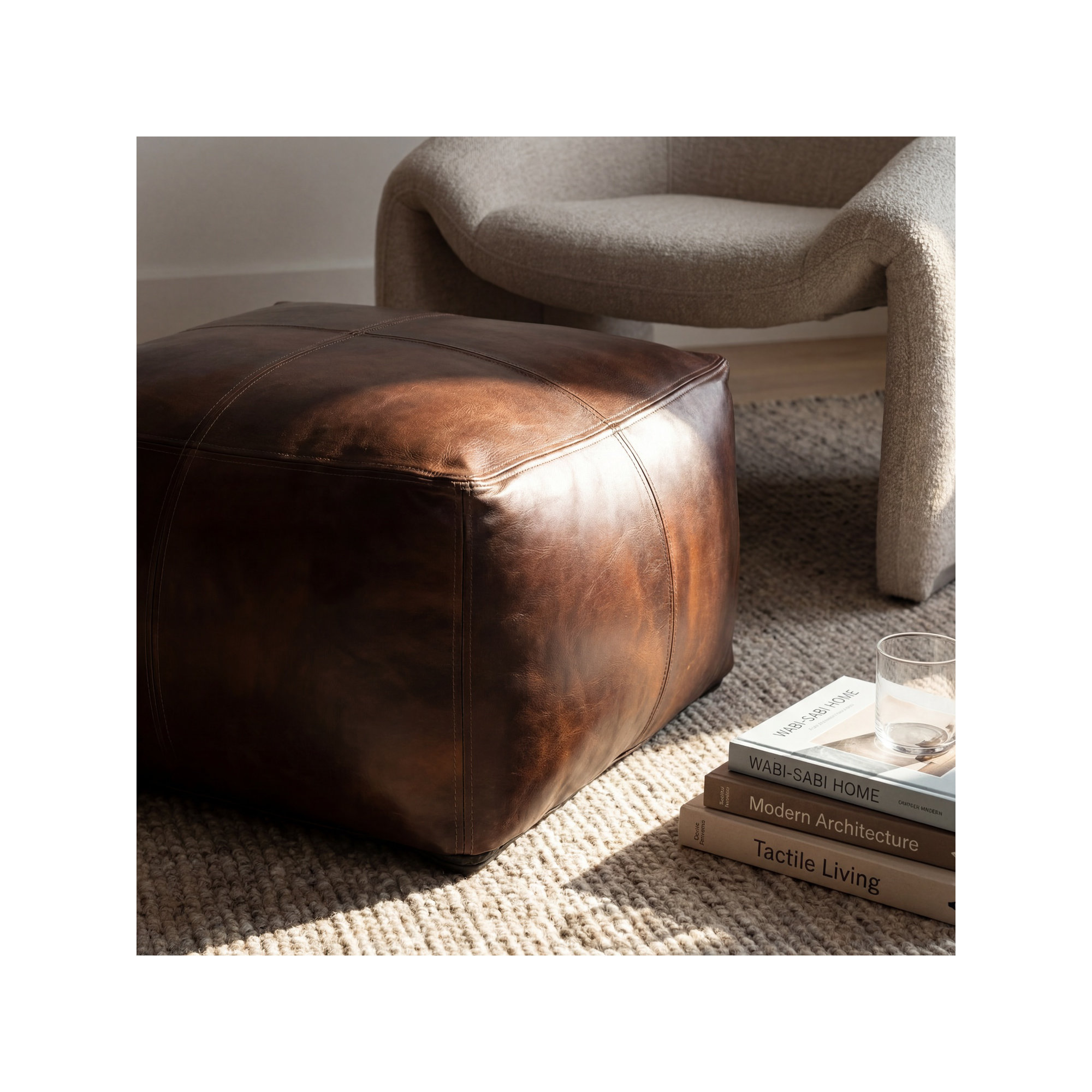 Upholstered Pouf, Dark Brown Genuine Leather