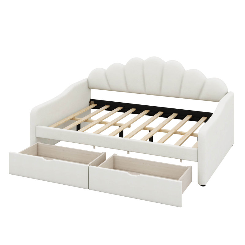 Full Size Upholstery Daybed With 2 Storage Drawers, Wood Daybed With Shall Shaped Backrest, Velvet Sofa Bed Frame, Beige