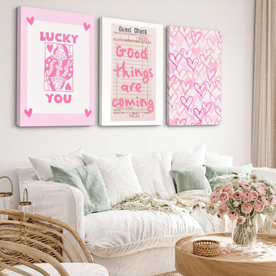 Lucky you, art mural rose, chèque d'invité, décoration murale sur toile tendance, affiche rétro géniale, cœurs, images mignonnes, œuvre d'art inspirante pour chambre à coucher, ensemble de 3 encadrés de 12 po x 16 po
