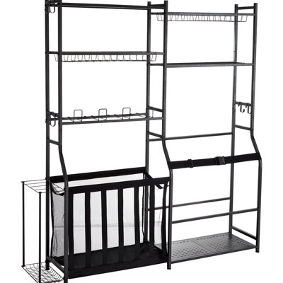 Golf Storage With 2 Bag Holders, Sports Gear Organizer, Outdoor Steel Cart, Shelves & Hooks, Black, Extra Space, Metal, Adjustable Feet Equipment In Garage, Stand, And High - Capacity Design, Build,