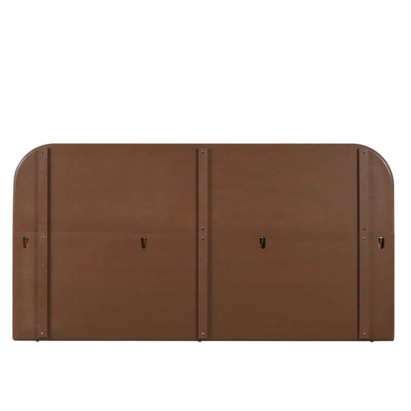 Lit plateforme en bois moderne Delsin avec tête de lit arrondie, structure à profil bas et finition en bois naturel, Walnut