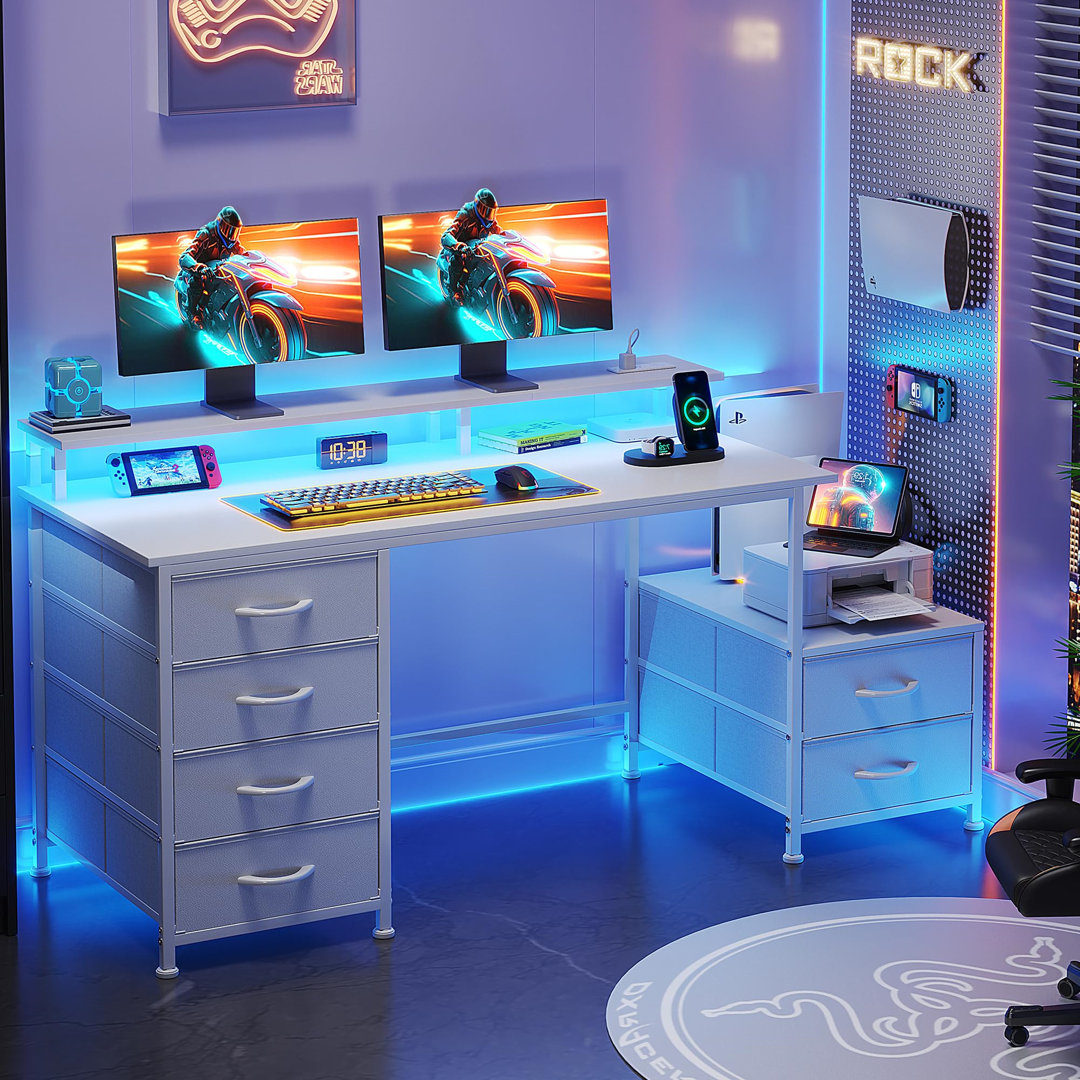 Desk With Fabric File Cabinet, Computer Desk With Shelves And Drawers, Writing Table With Monitor Stand, Study Table Workstation For Home Office