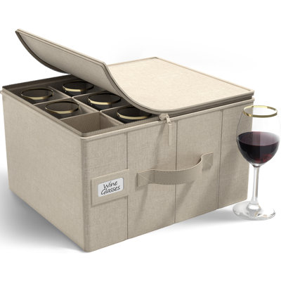 Sorbus Stemware Storage Cases Hard Shell, Wine Glass Storage Box Case with Dividers and Handle - China Storage Containers Holds 12 Crystal Glassware, Red White Wine Glasses, Champagne Flutes, Goblets (Beige)