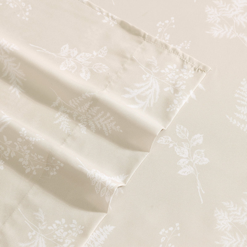 Beige Foliage Print Full Microfiber Sheet Set