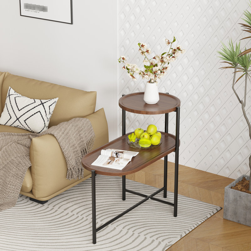 Table d'appoint noyer brun avec plateau de salon moderne et structure en métal stable, Noyer