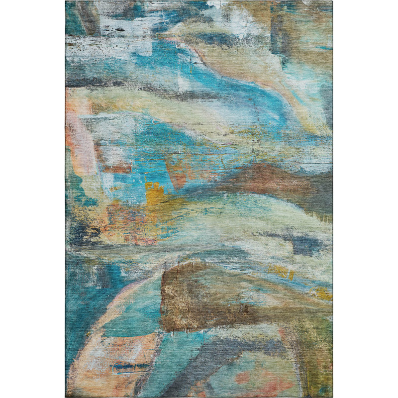Premium Machine Washable Mayfield AMF2039 Abstract Rug, Teal, 8' x 10'