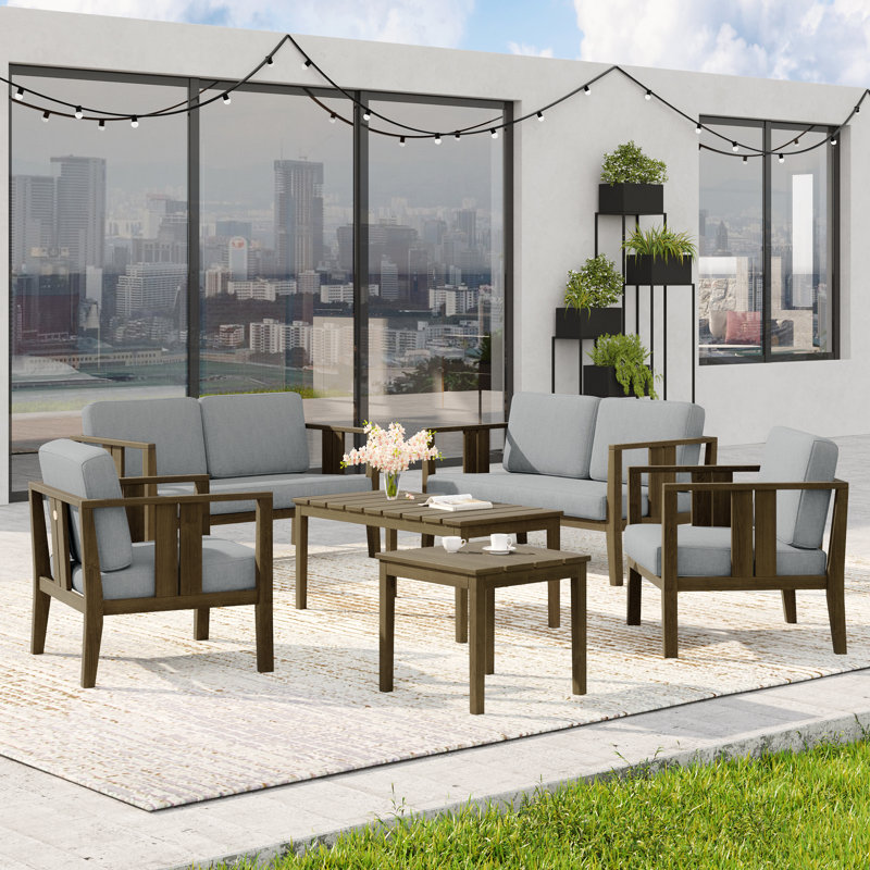Junco Teak Outdoor Six-person Patio Set With Cushions And Two Tables, Brown, Gray