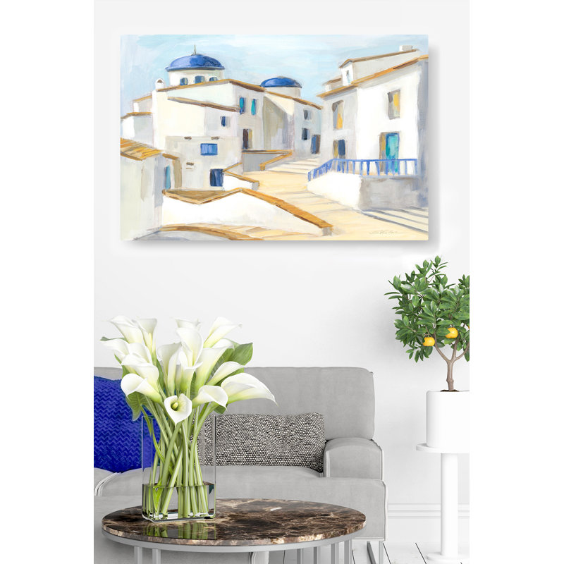 Santorin II, peint, scène de rue, Grèce, européen, méditerranéen, blanc, bleu, cobalt, bleu sarcelle, orange, brun clair, cyan, crème