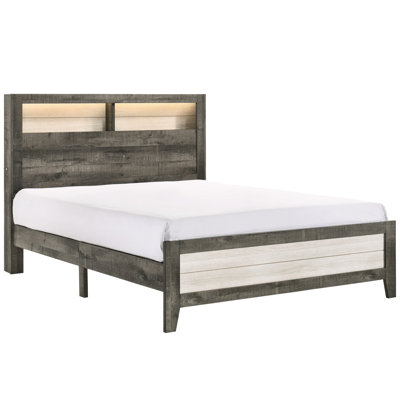 Queen Bed With Low-Profile Plank-Style Headboard And Built-In Lighting, Gray Beige, Contemporary Storage Size Headboard, Low-Profile, Beige Wood, Shelves