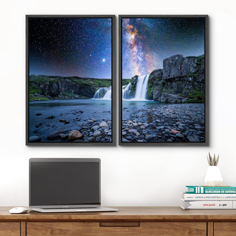 Voie lactée, galaxie, cascade, lac, paysage naturel, photographie, décor, Noir, H 24 po x l 16 po