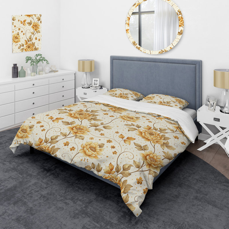 Ensemble de housse de couette Ivory Gold Flower Blooms - Glam, Housse de couette très grand + 2 taies décorativ