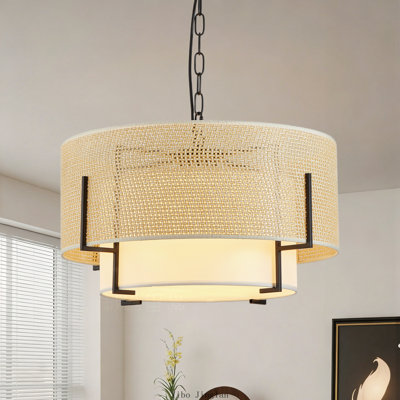 19.7" 4‑Light Farmhouse Boho Drum Chandelier, Hand‑Woven Rattan Pendant Light with Fabric Shade for Dining Room, Kitchen, Bedroom, Foyer, Entryway & Living Room