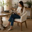 Chaise de salle à manger demi-siècle moderne avec accoudoirs 27,9 po H - lin beige