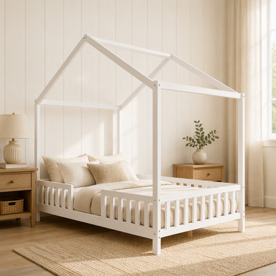 Floor Bed with Canopy, Full Bed Frame for Kids, House Shape Toddler Bed Frame with High Railings, Wood Kids Bed with Roof, Kid Full Bed, Pink