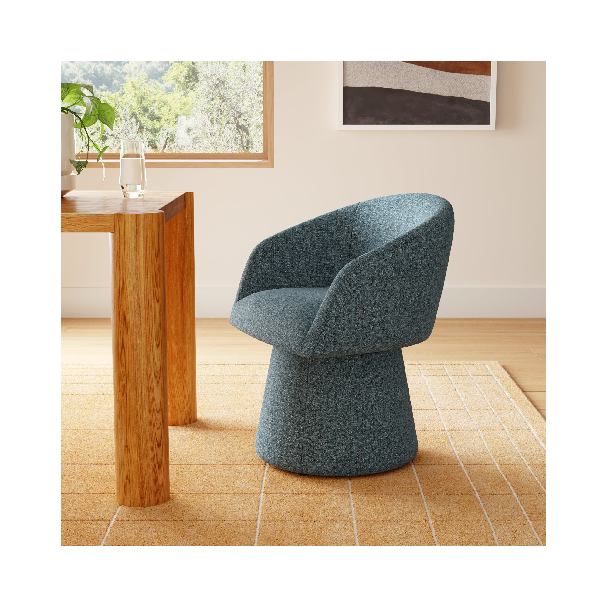 Kyo Chenille Upholstered Barrel Chair, Mellow Steel Blue Boucle